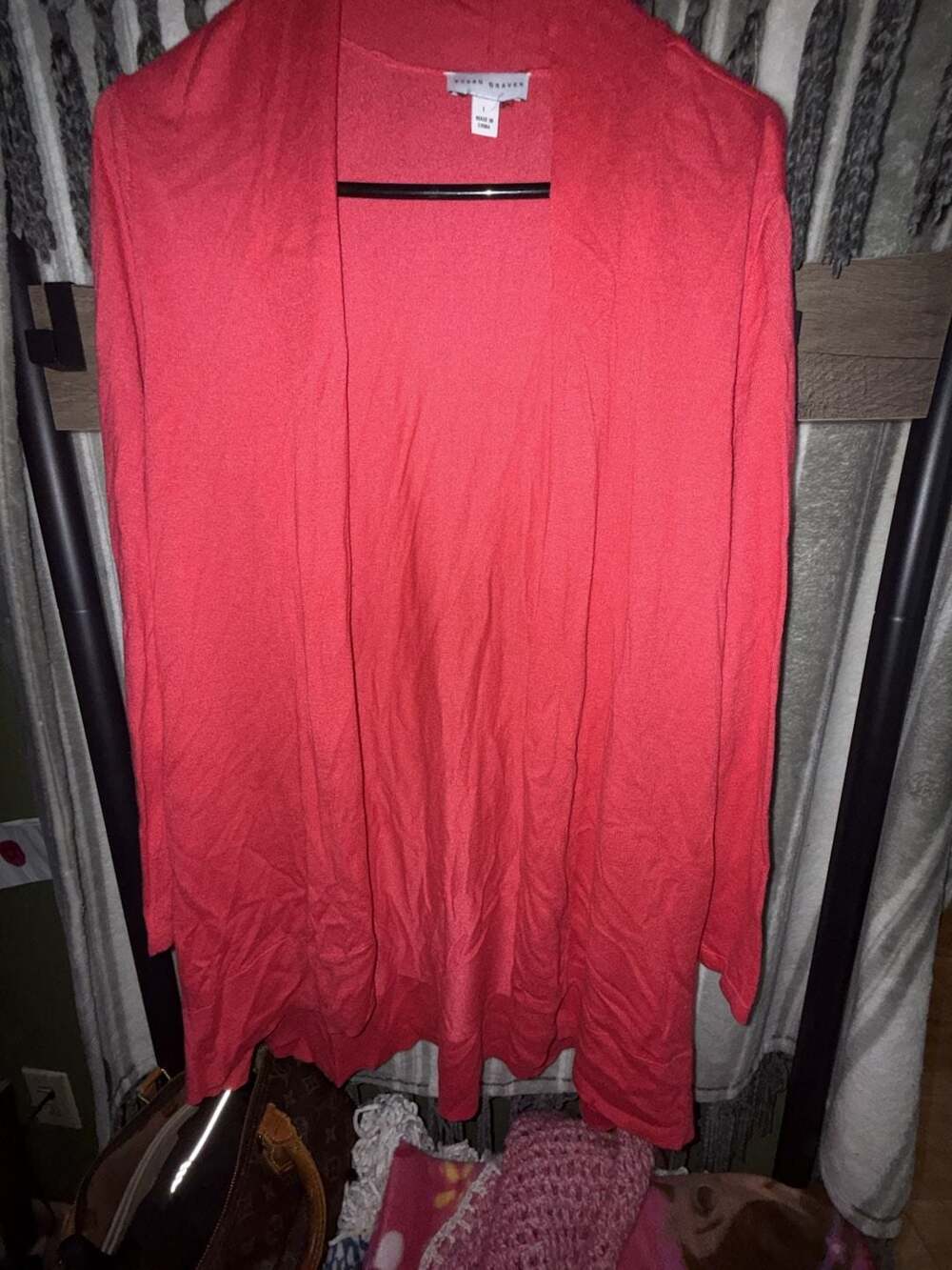 Susan Graver Open Front Cardigan Size L Coral Pink Long Sleeve